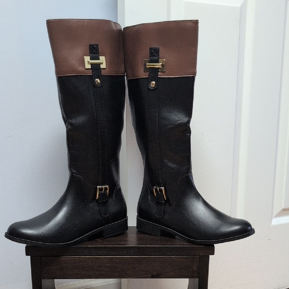 Karen Scott Eden Two Tone Black/Brown Fabric Lined Low Block Riding Boots Sz 8.5 - Picture 4 of 7